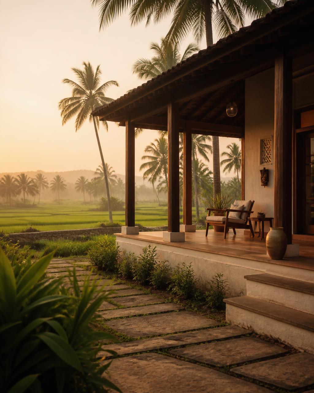 Boutique farm-stay veranda overlooking paddy fields in rural India at golden hour